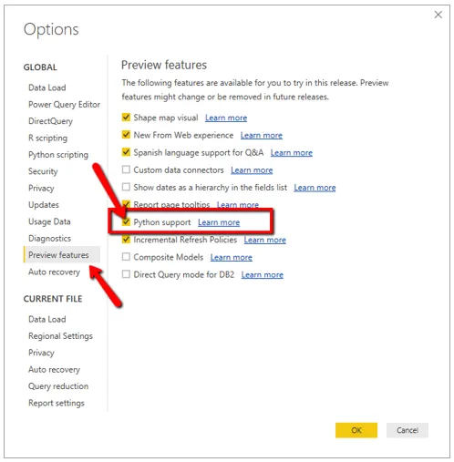 Power BI Desktop Options, Preview features, with Python support selected
