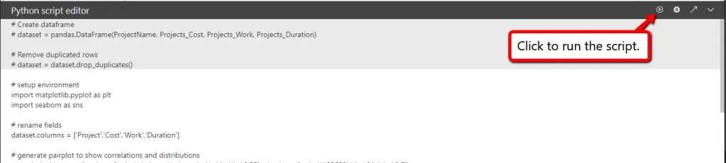 Power BI Python script editor, with the button that runs the script highlighted