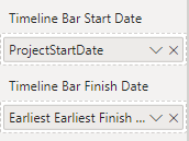Timeline Bar Start Date, Timeline Bar Finish Date field wells in the Power BI visualizations pane