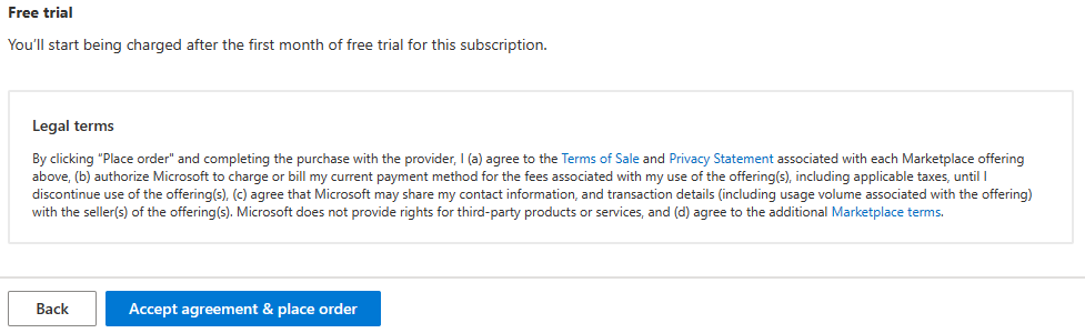 Microsoft Marketplace checkout for a PowerGraph visual: free trial and Accept agreement and place order