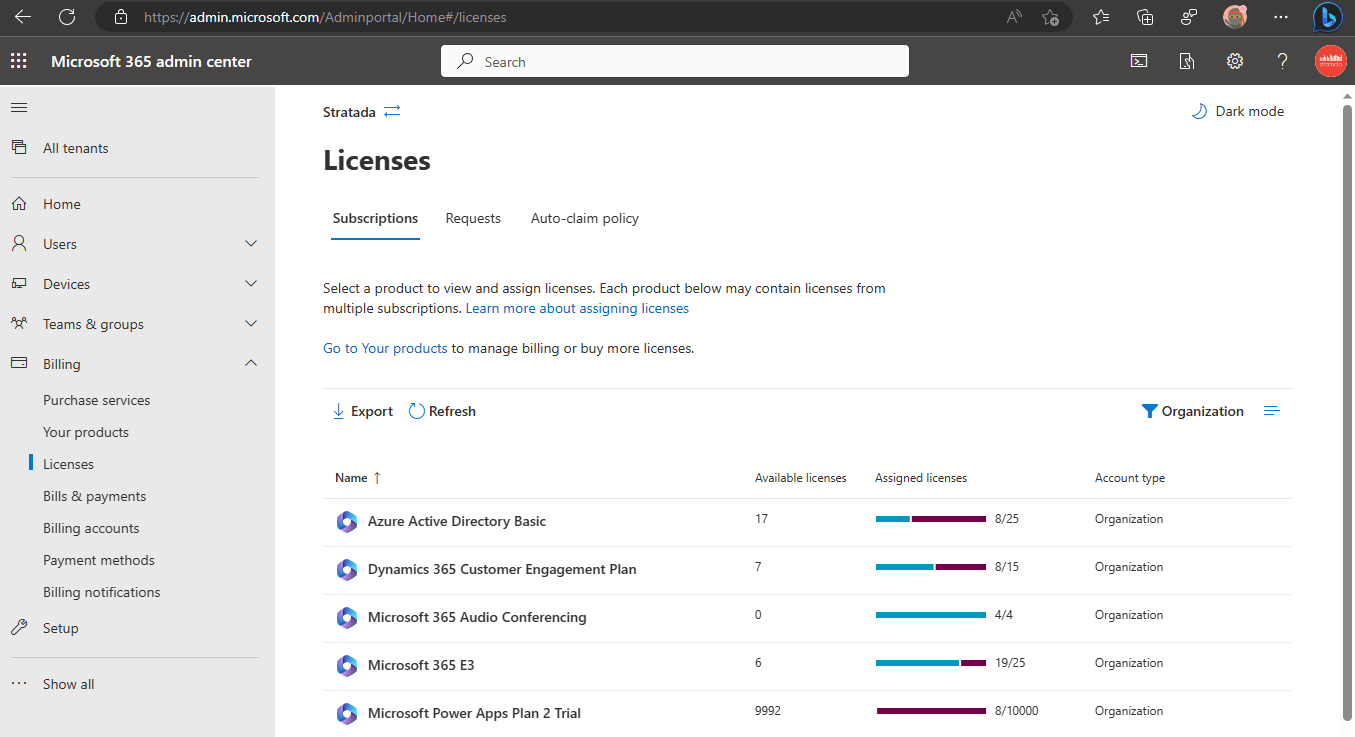 Licenses page of the Microsoft 365 admin center