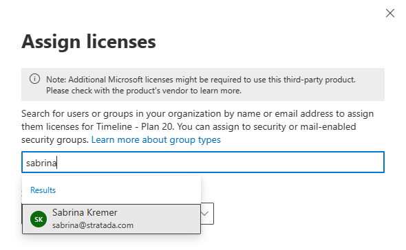 Searching for and selecting the user to assign a license to