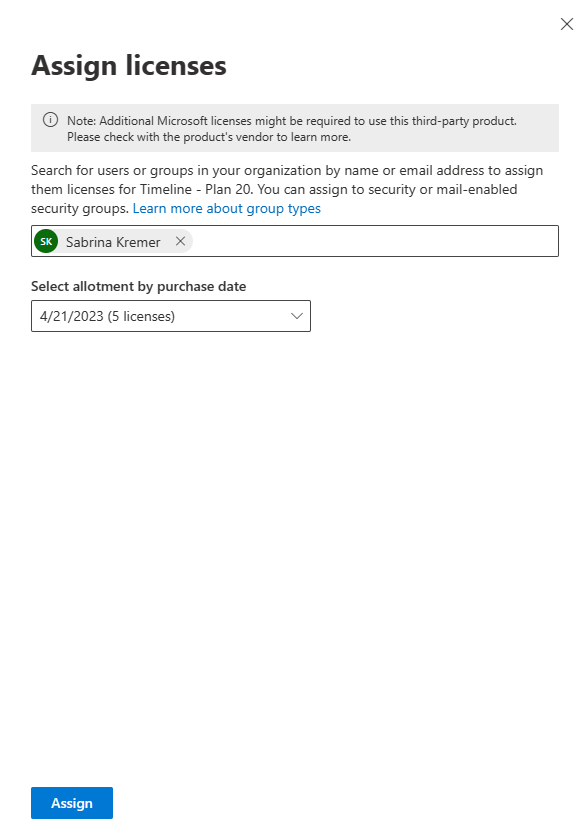 Assign button for the selected user in the Microsoft 365 admin center