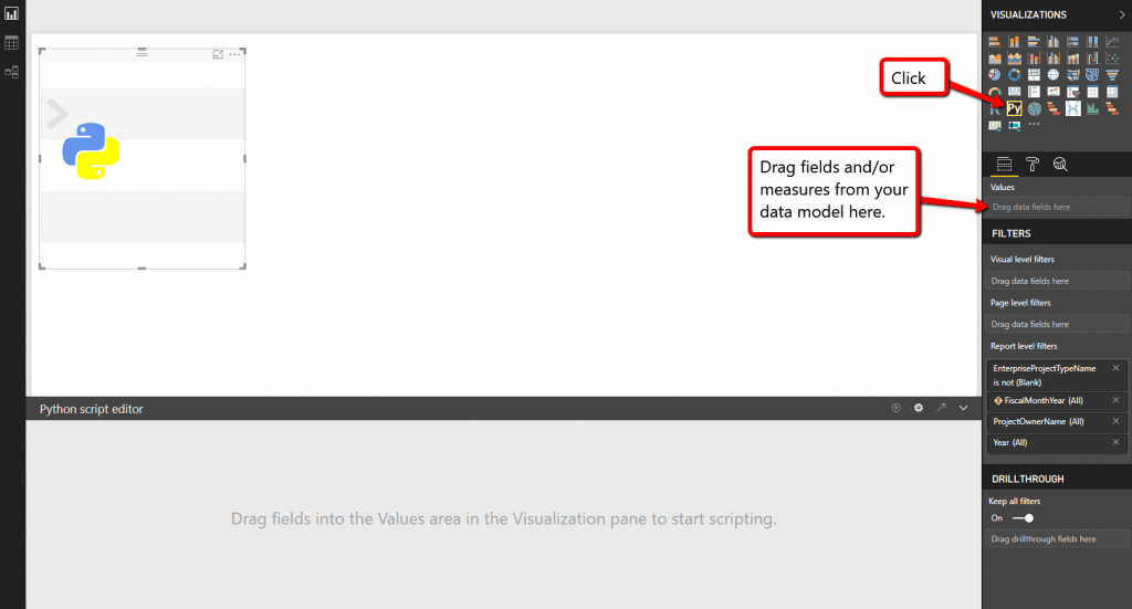 Adding a Python visual in Power BI Desktop: click the Python visual icon, then drag fields into the Values area