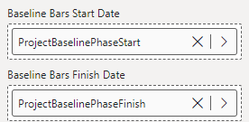 Baseline Bar Start and Finish Dates field wells in the Power BI visualizations pane