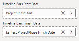 Timeline Bar Start Date, Timeline Bar Finish Date field wells in the Power BI visualizations pane