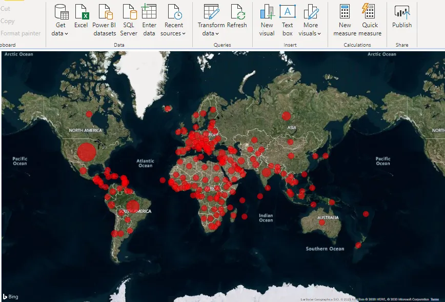 World map of COVID-19 cases in Power BI
