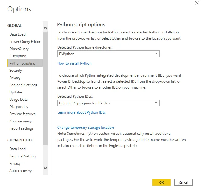 Power BI Desktop Options showing the Python scripting settings