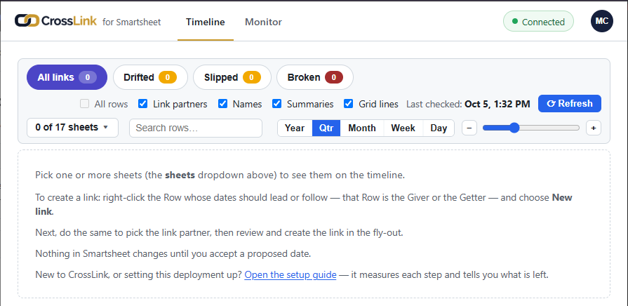 The Timeline's first-run guide, no Sheets ticked