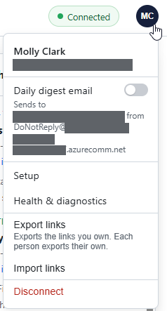 The account menu open, showing the Daily digest email switch and the menu items