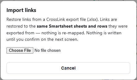 The Import links dialog's first screen