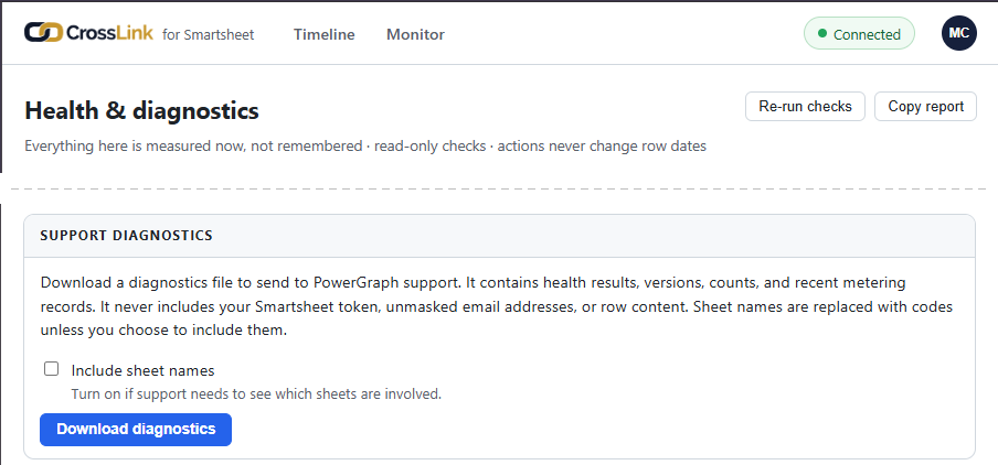 The Health & diagnostics page — Copy report and the Support diagnostics panel