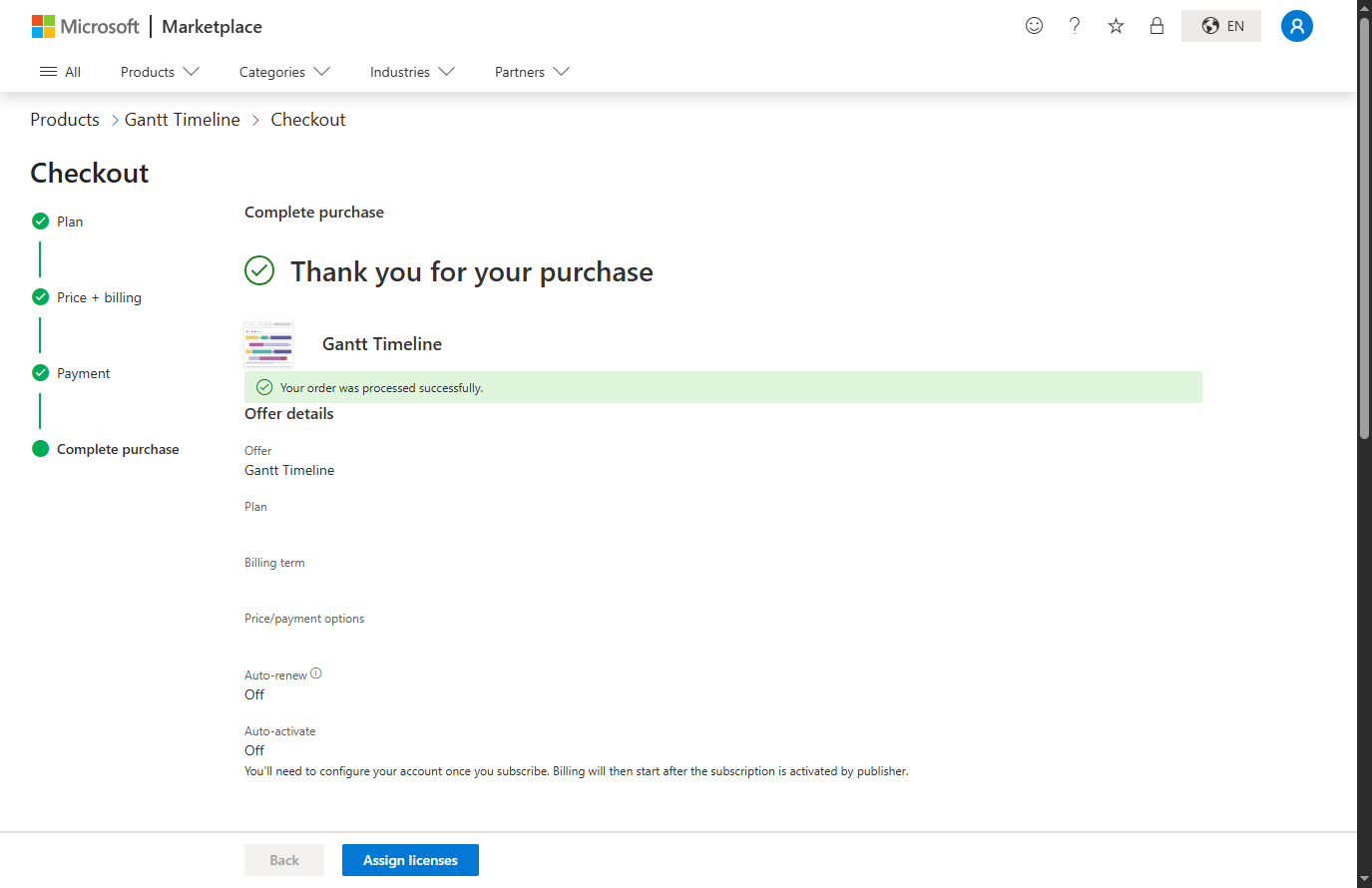 Microsoft Marketplace purchase confirmation with the Assign licenses button