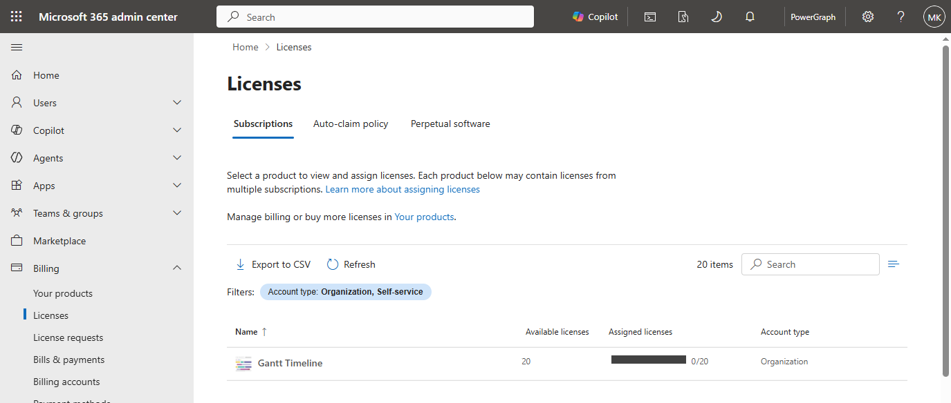 Selecting the PowerGraph Gantt Timeline licenses in the Microsoft 365 admin center